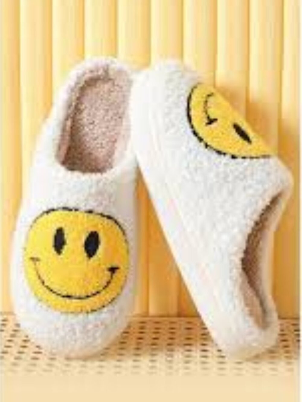 White & yellow smiley face slippers #smiley #cozy